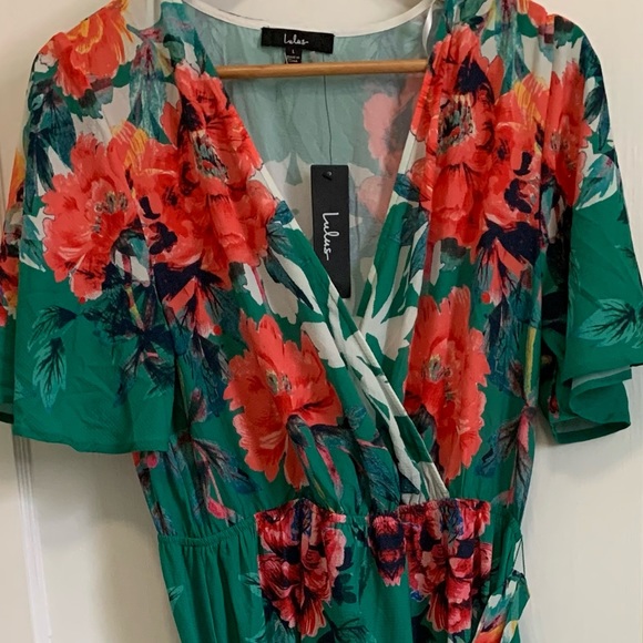 Lulus Dresses & Skirts - NWT LULU’S V DROP NECK GREEN TROPICAL FLORAL ALINE LARGE MAXI FLOWY SUMMER DRESS